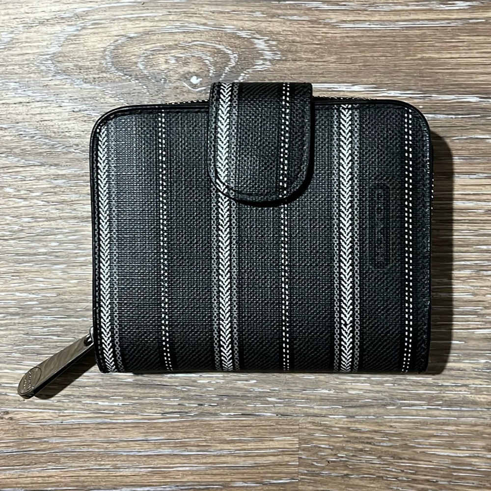 Women's Coach Striped Saffiano Leather Zipper Wallet w/ Silver Metal Hardware
